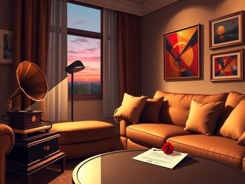 Flick International A cozy living room with plush furniture, a vintage gramophone, and a single red rose on the coffee table.