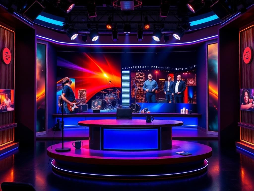 Flick International Empty late-night talk show set with vibrant decor and a modern backdrop