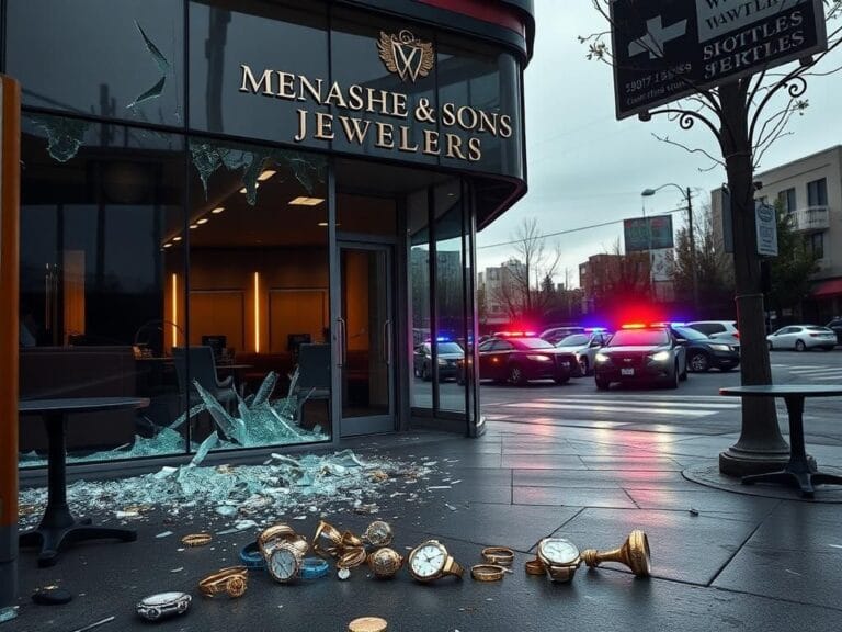 Flick International Exterior of Menashe & Sons Jewelers with shattered glass and scattered jewelry after the $2M robbery