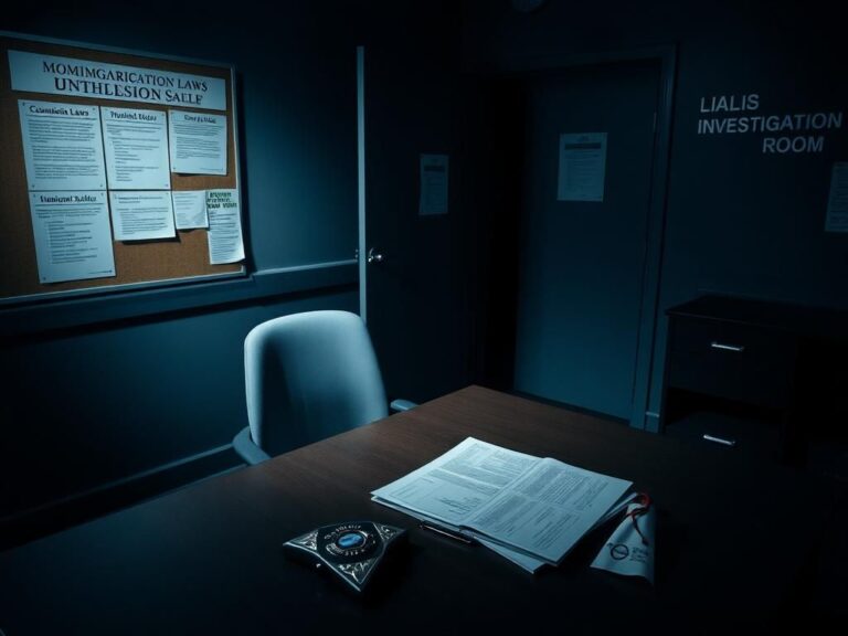 Flick International Dimly lit police station interior with empty desk and immigration documents