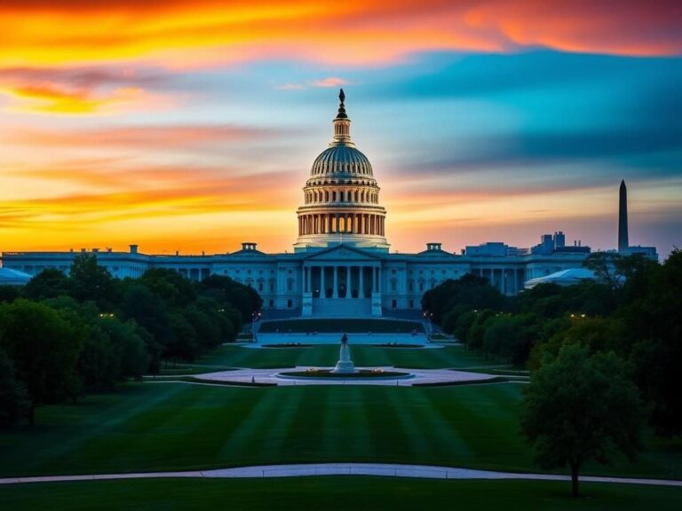 Flick International Panoramic view of the U.S. Capitol building at dusk, showcasing a peaceful, secured environment.