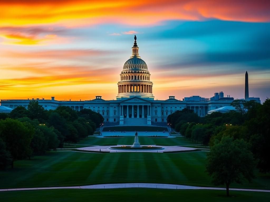 Flick International Panoramic view of the U.S. Capitol building at dusk, showcasing a peaceful, secured environment.