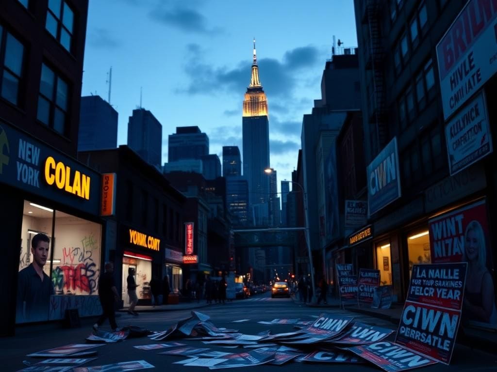Flick International Busy New York City street at dusk with iconic skyline and graffiti