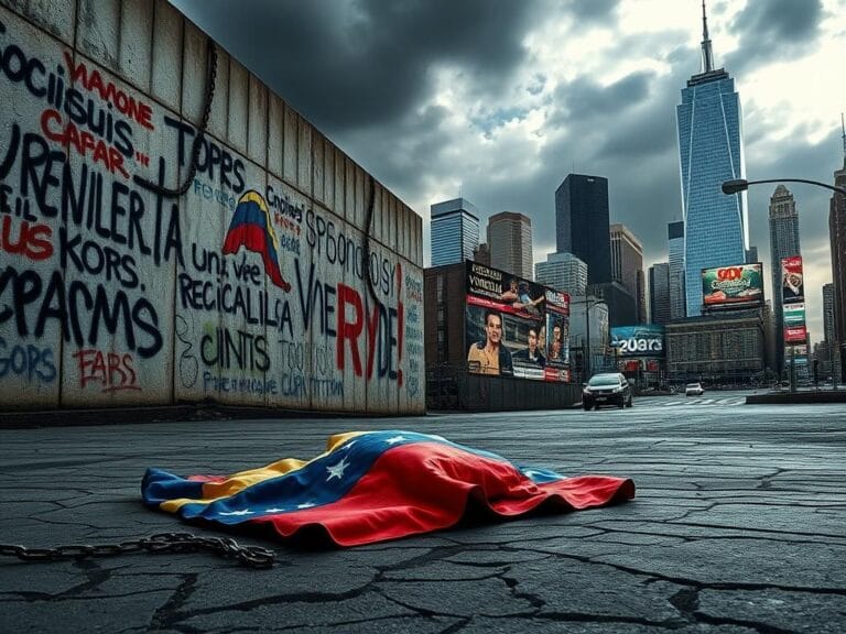 Flick International A crumbling Venezuelan flag on cracked pavement under a contrasting New York City skyline