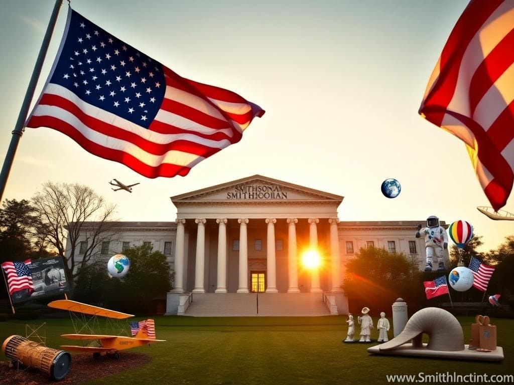Flick International Iconic view of the Smithsonian Institution with grand columns and American flag
