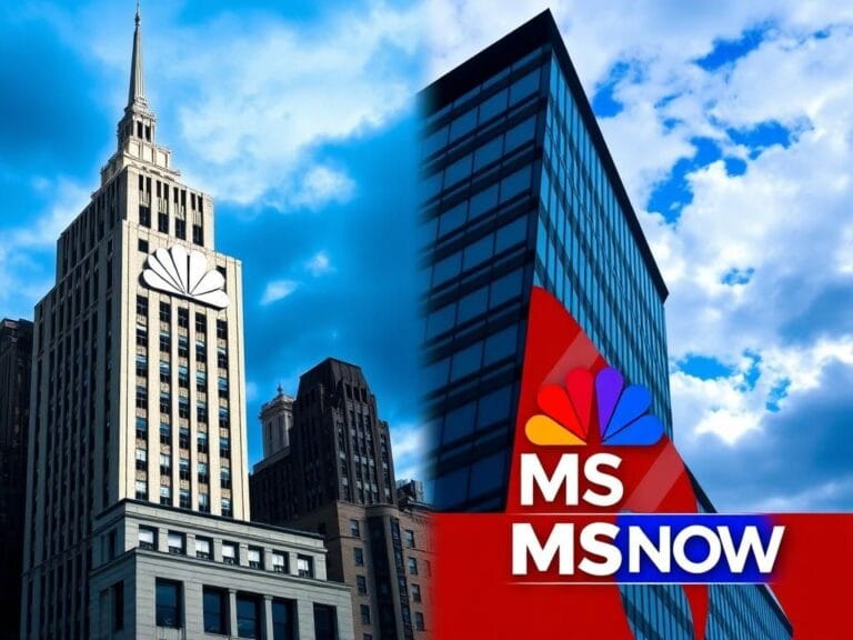 Flick International A split image representing the corporate divorce between NBC and MSNBC, featuring Rockefeller Center and a new MSNBC logo.