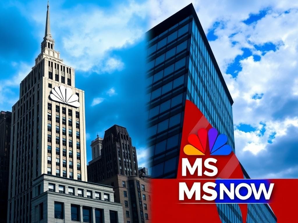 Flick International A split image representing the corporate divorce between NBC and MSNBC, featuring Rockefeller Center and a new MSNBC logo.