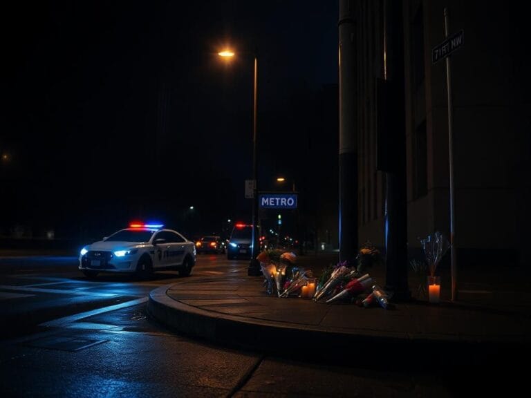 Flick International Dimly lit street corner in Washington, D.C. with a police car and memorial for a congressional intern