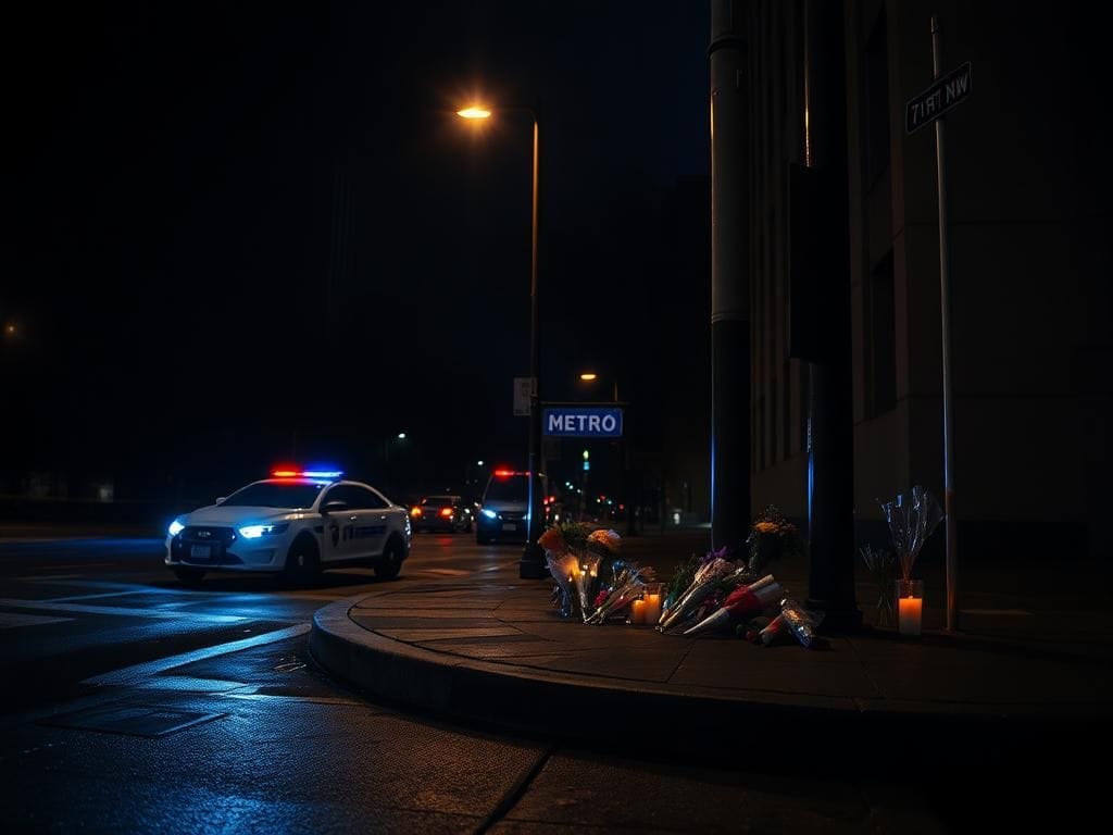 Flick International Dimly lit street corner in Washington, D.C. with a police car and memorial for a congressional intern