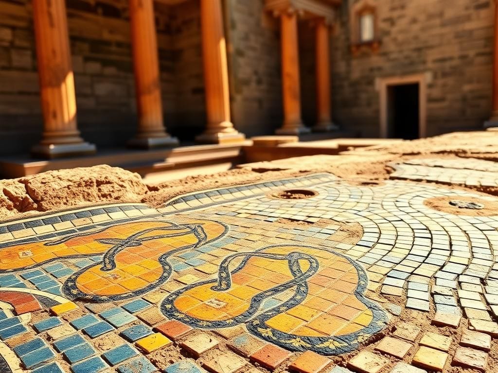 Flick International Close-up view of an ancient Roman mosaic depicting flip-flop sandals
