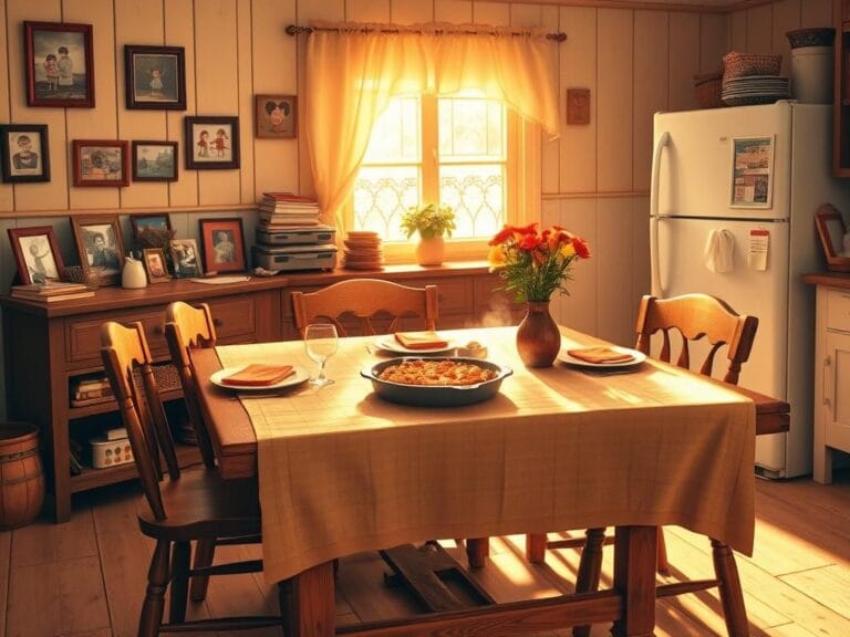 Flick International A cozy kitchen setting with a wooden table laid for a family meal