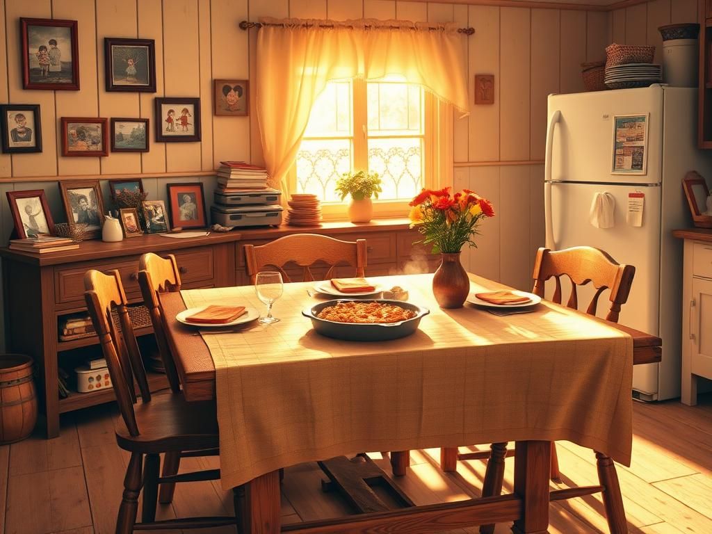 Flick International A cozy kitchen setting with a wooden table laid for a family meal