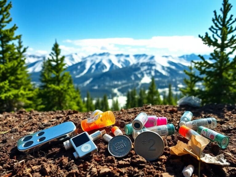 Flick International A serene mountain landscape during a sunny day at Breckenridge Ski Resort with colorful found items scattered in the foreground.