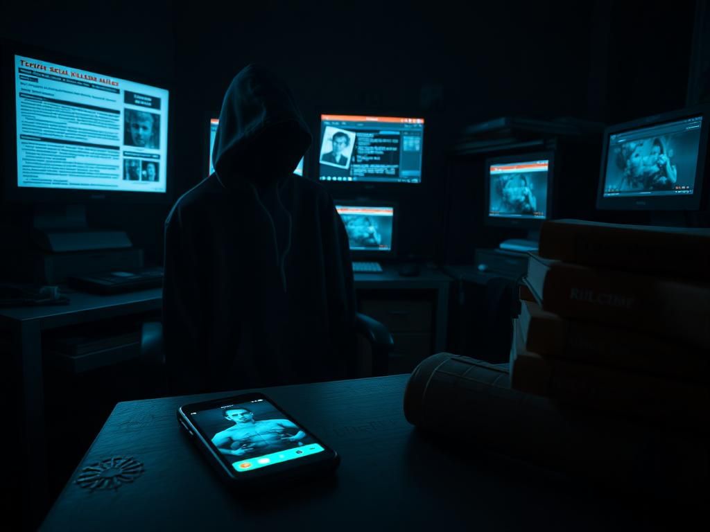 Flick International Dark room with a metal desk, glowing computer screens, and a black hooded sweatshirt symbolizing isolation
