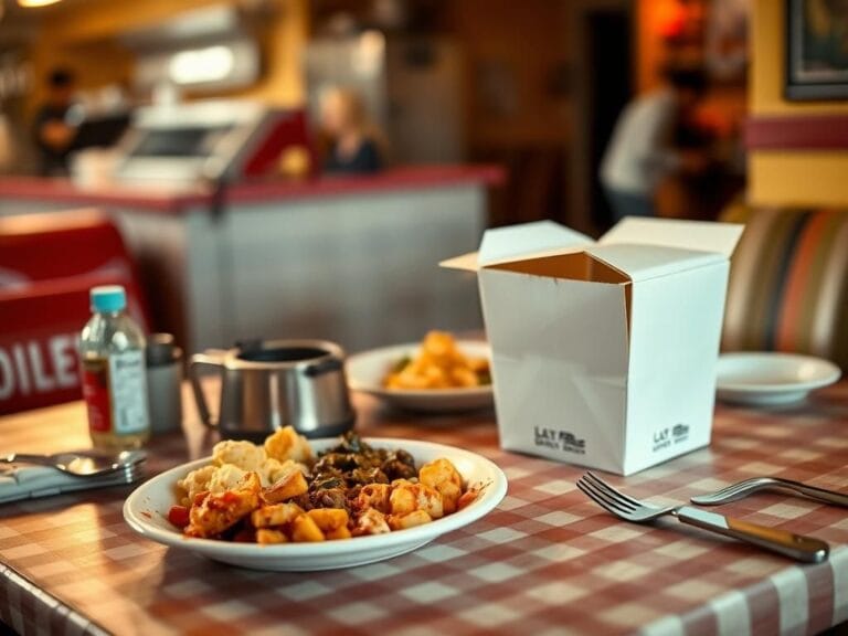 Flick International Rustic diner table with partially eaten meal and to-go box
