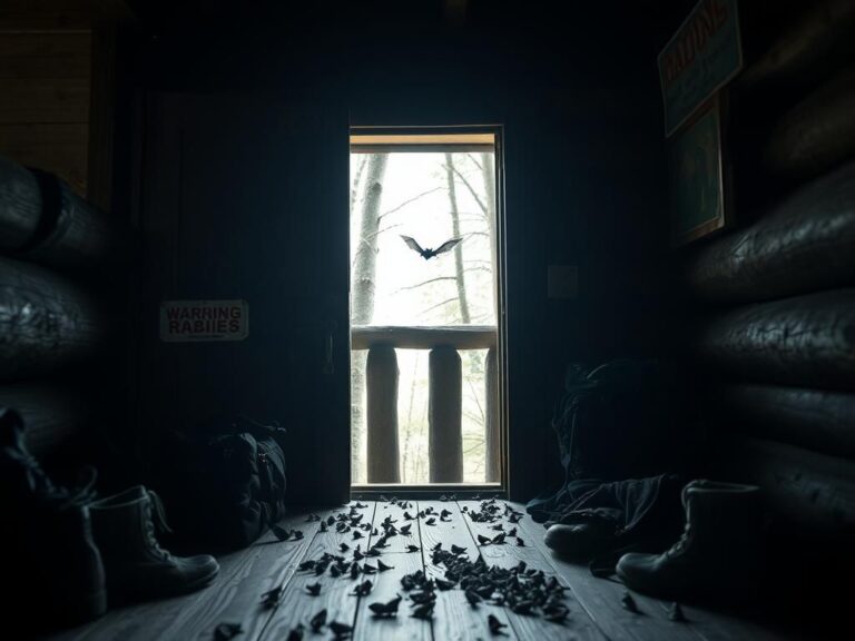 Flick International Dimly lit cabin interior with a silhouette of a bat seen through a window