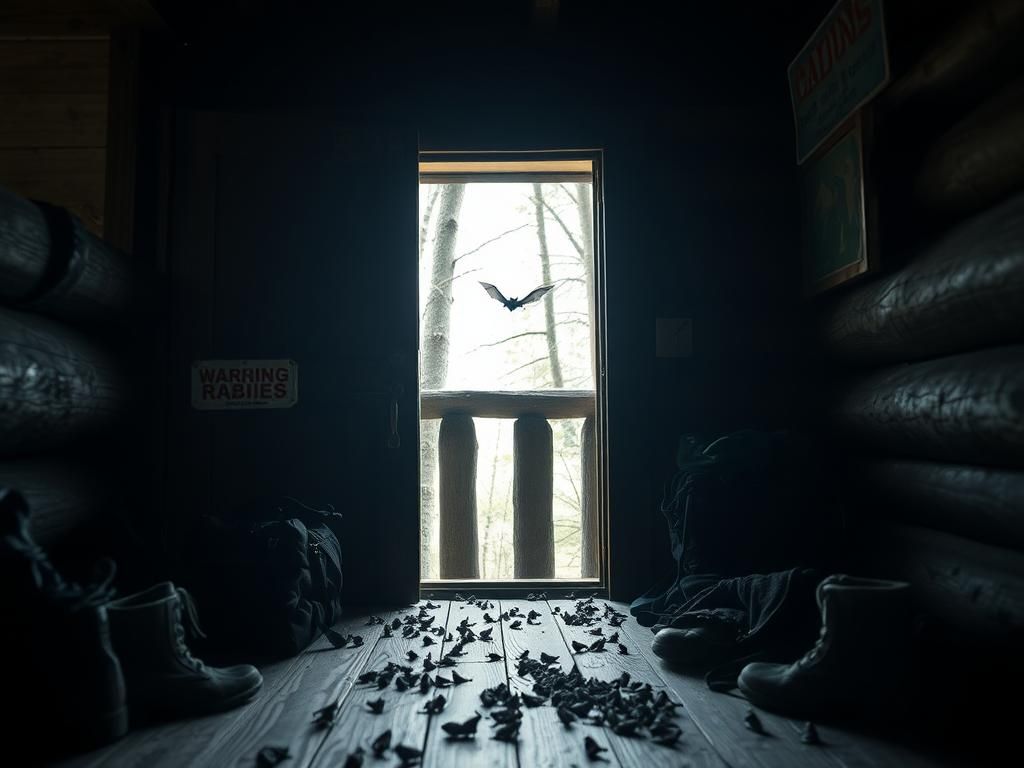 Flick International Dimly lit cabin interior with a silhouette of a bat seen through a window