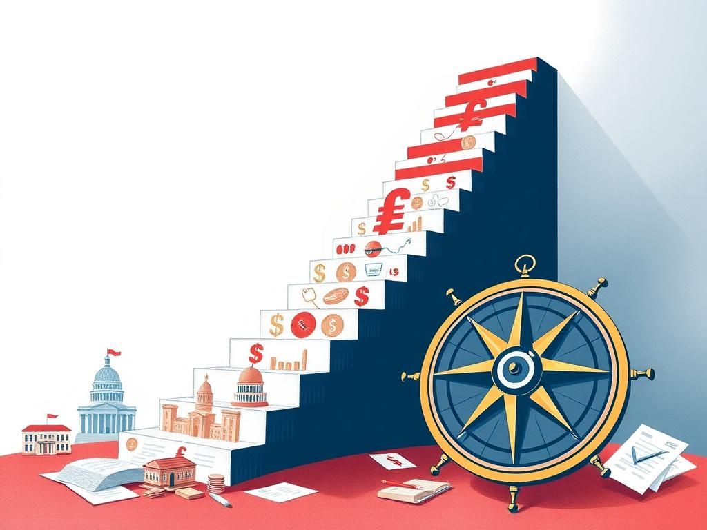 Flick International A powerful abstract illustration symbolizing policy and finance with a staircase made of financial symbols.