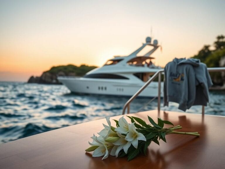 Flick International A serene coastal scene with a 54-foot yacht anchored in Montauk waters, surrounded by greenery and a floral arrangement.