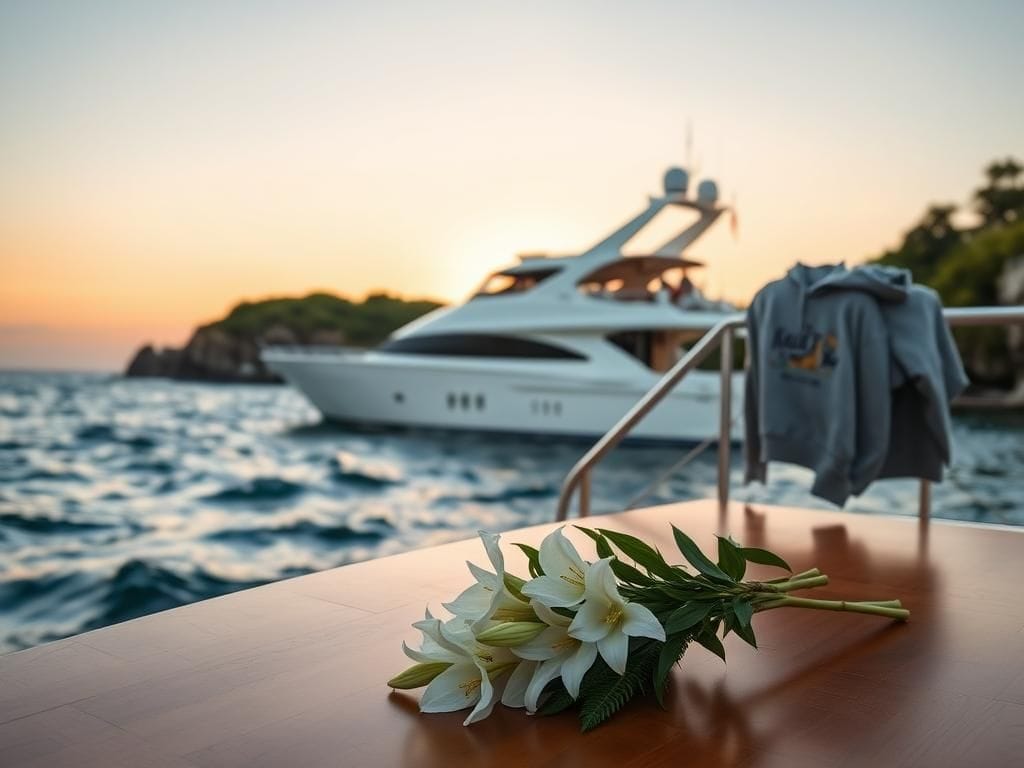 Flick International A serene coastal scene with a 54-foot yacht anchored in Montauk waters, surrounded by greenery and a floral arrangement.