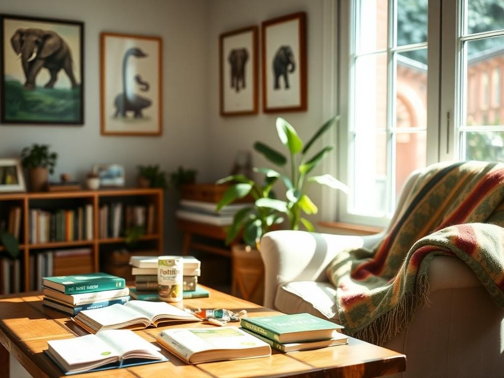 Flick International A serene, sunlit room filled with books and plant-based food items symbolizing Alicia Silverstone's journey into activism.