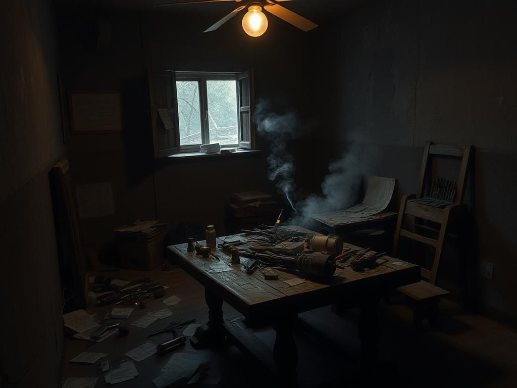 Flick International Dimly lit room with improvised explosive devices and tools scattered on a rustic wooden table