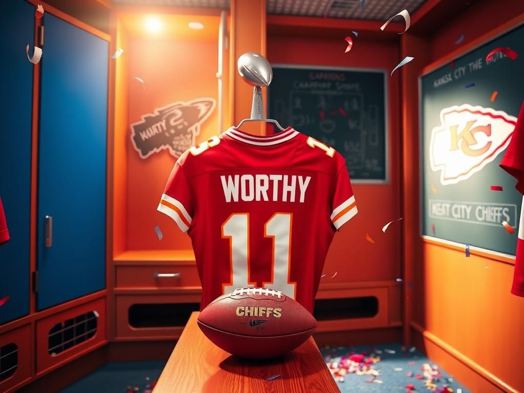 Flick International Kansas City Chiefs locker displaying the jersey of Xavier Worthy with football and championship trophy