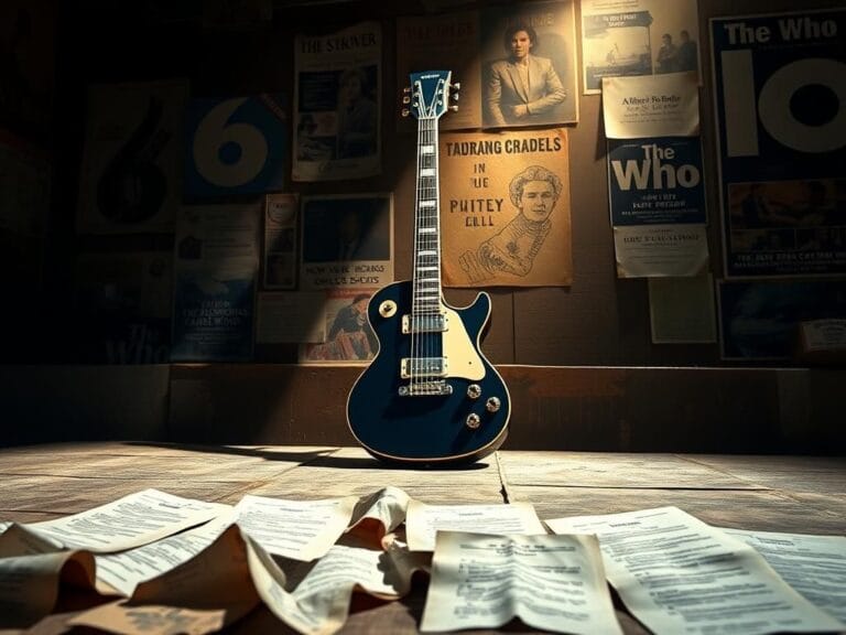 Flick International Abstract representation of a guitar on a weathered stage, symbolizing Pete Townshend's music career