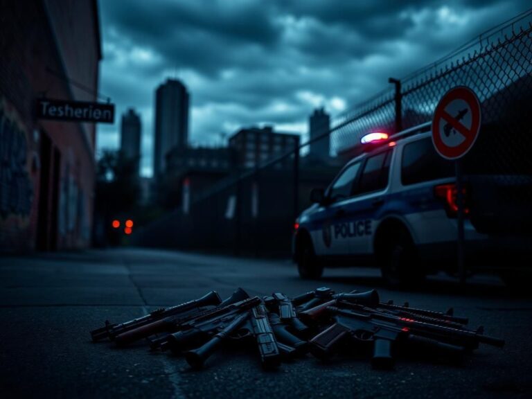 Flick International Dark urban scene in Washington D.C. featuring an empty alley, graffiti, and a pile of confiscated firearms.
