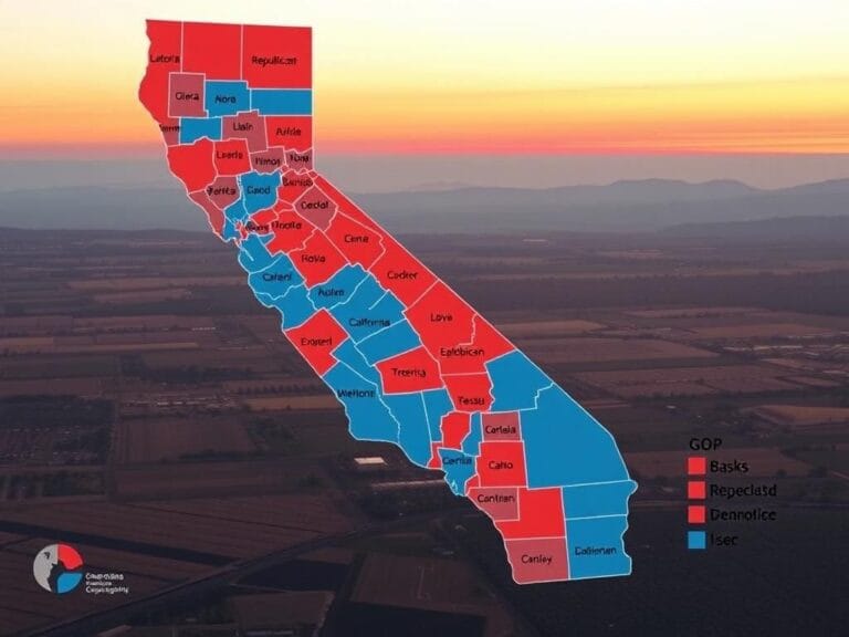 Flick International Detailed map of California illustrating congressional districts with color-coded boundaries indicating Republican and Democratic zones.