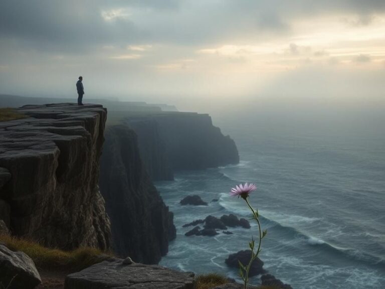 Flick International A solitary cliff overlooking a dark gorge, symbolizing grief and resilience.