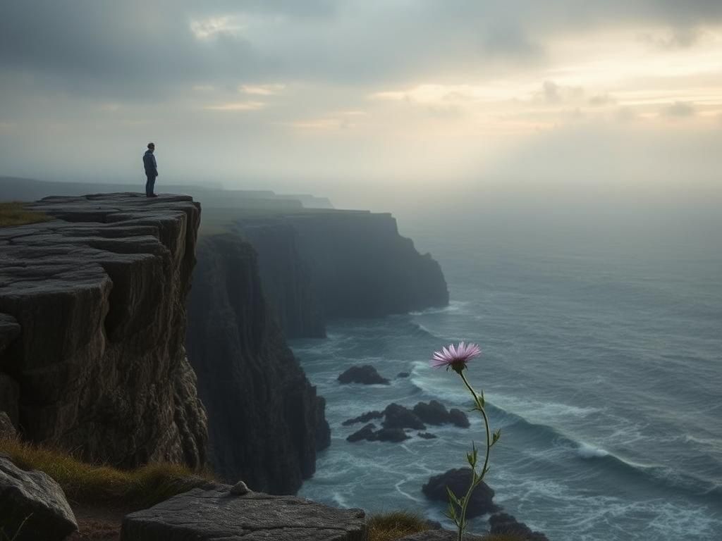 Flick International A solitary cliff overlooking a dark gorge, symbolizing grief and resilience.