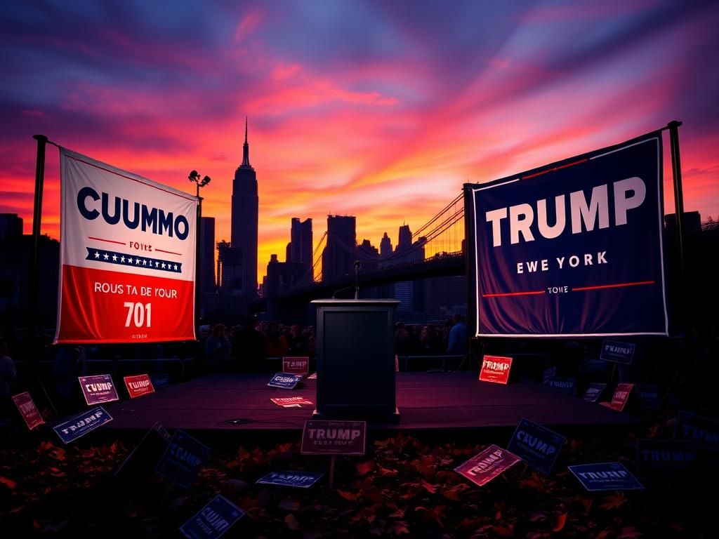 Flick International Empty campaign rally stage in New York City at dusk