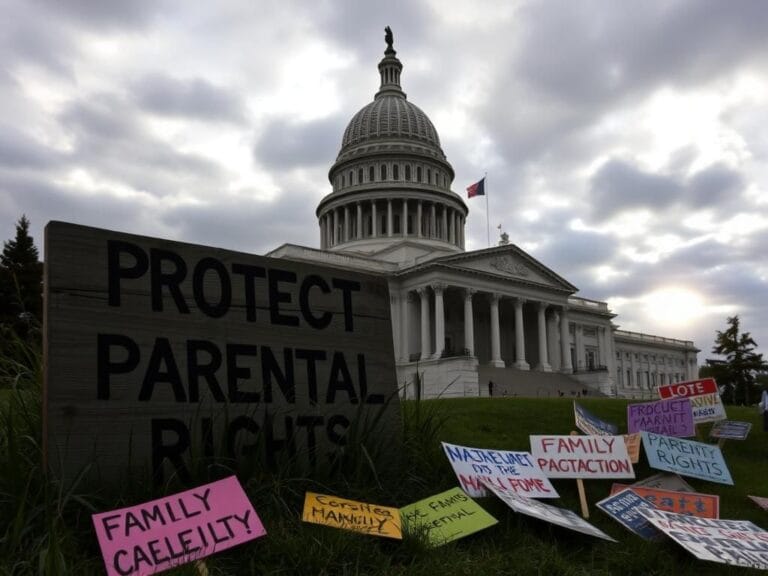 Flick International Sign reading 'Protect Parental Rights' in front of California State Capitol under dark clouds