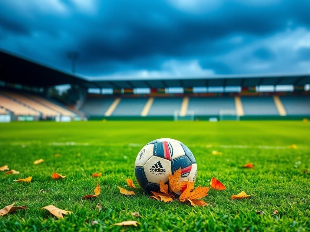 Flick International A serene soccer field with a worn ball and fallen leaves, symbolizing remembrance for Tendai Ndoro