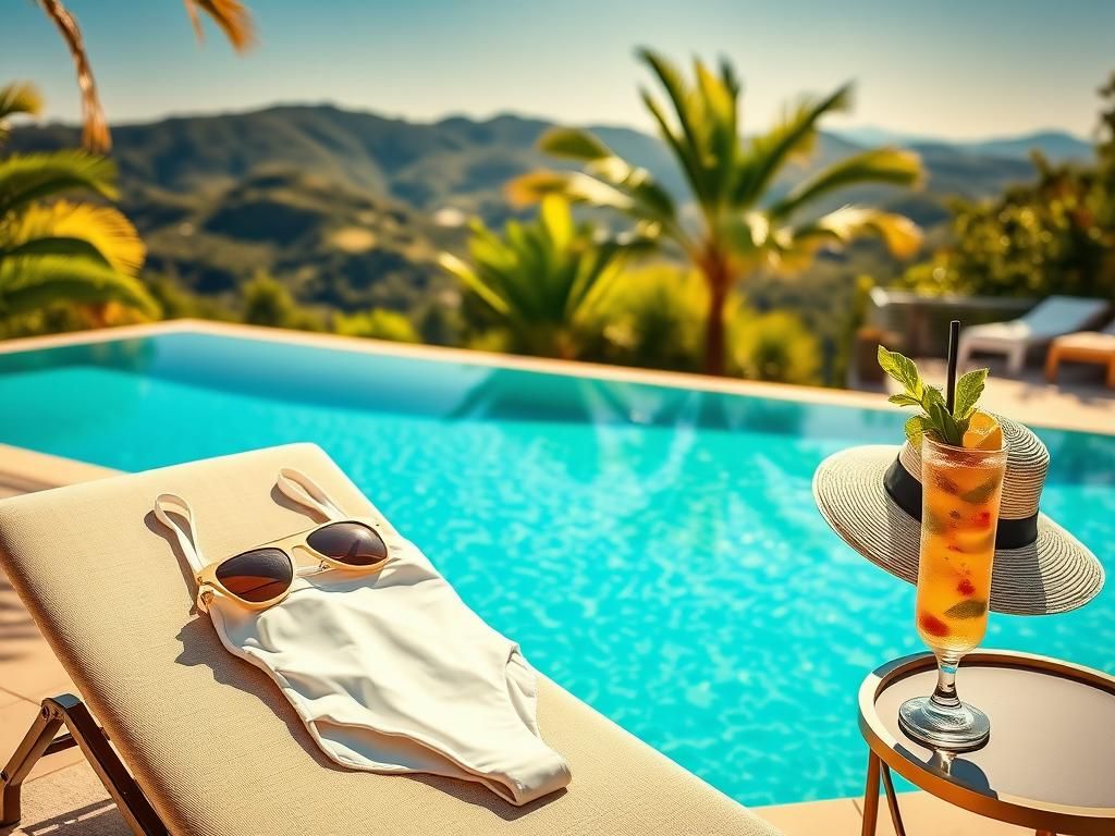 Flick International Joan Collins posing in a stylish white swimsuit at a luxurious poolside in the South of France