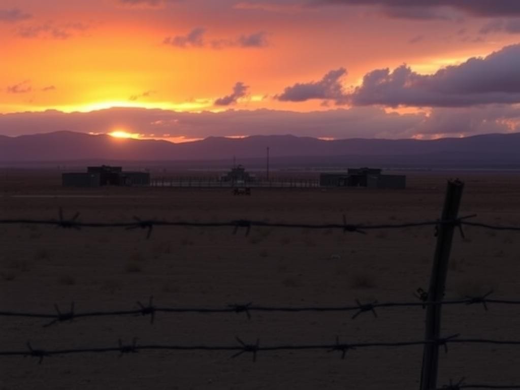 Flick International A stark landscape view of the Fort Bliss military base during sunset, featuring a barbed wire fence and the new immigrant detention facility.