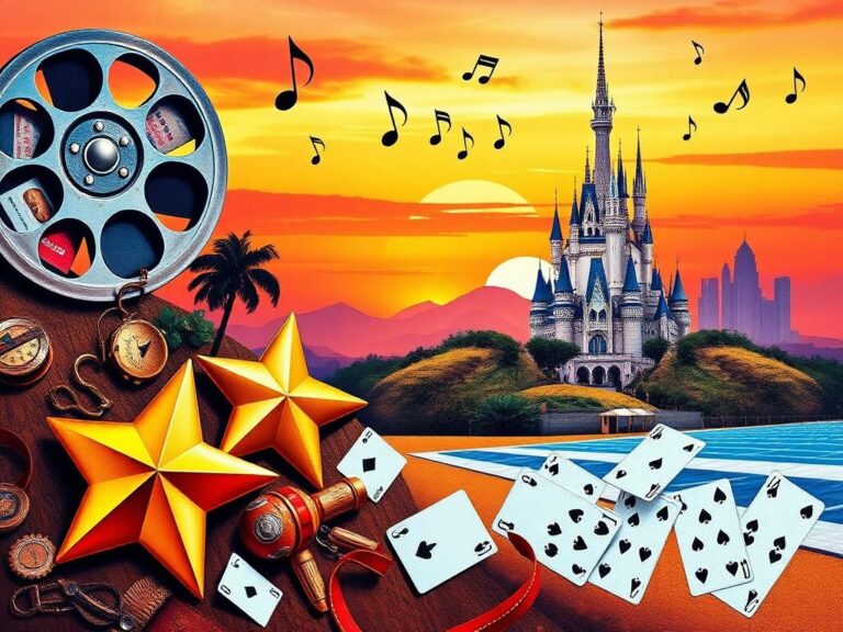 Flick International A vibrant Hollywood collage depicting a vintage film reel, broken star, and faded Disney castle