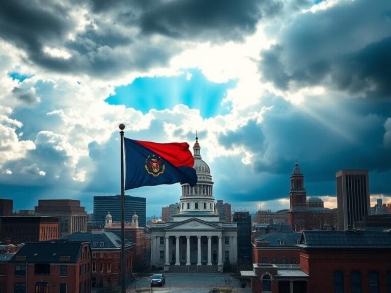 Flick International Dramatic cityscape of Boston showcasing iconic landmarks with a vibrant Bostonian flag in the foreground