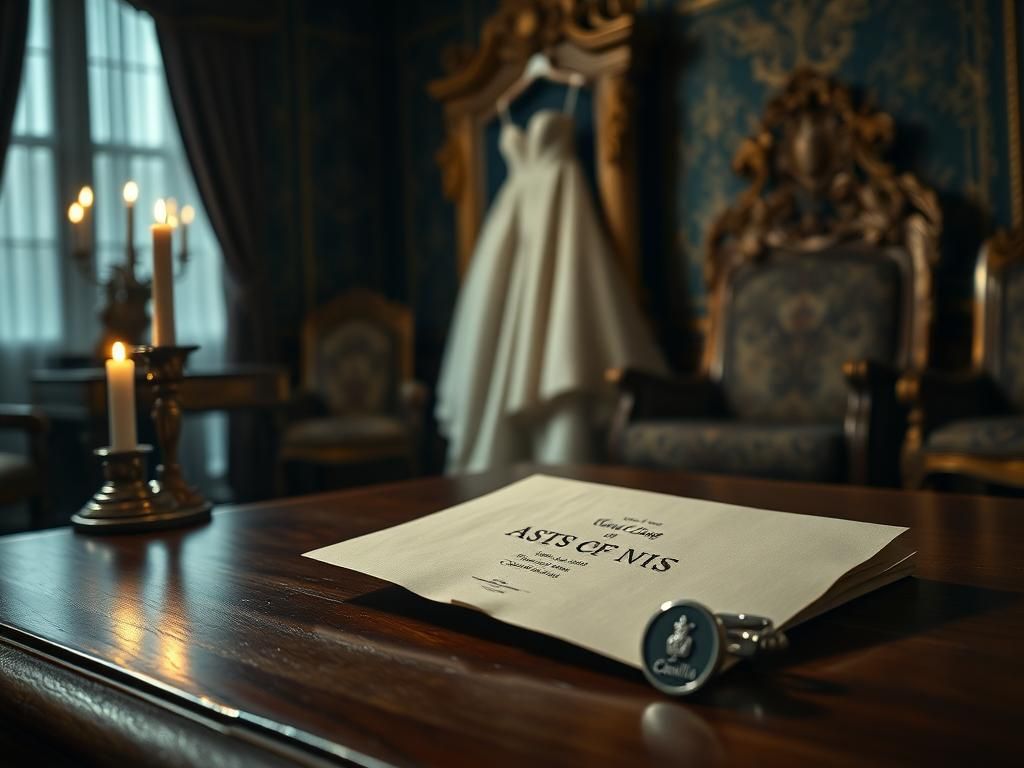 Flick International A tear-streaked wedding invitation and cufflinks in a dimly lit royal bedroom