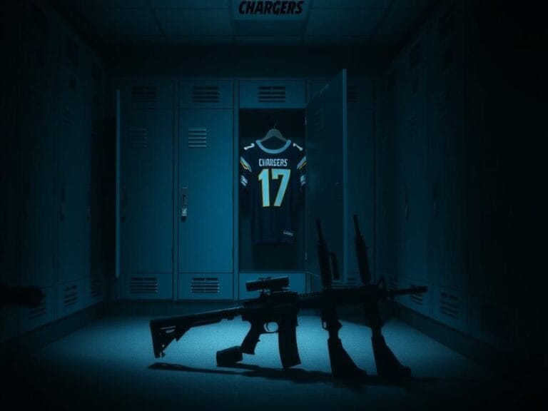 Flick International Dimly lit football locker room of the Los Angeles Chargers with an open locker and firearms silhouette