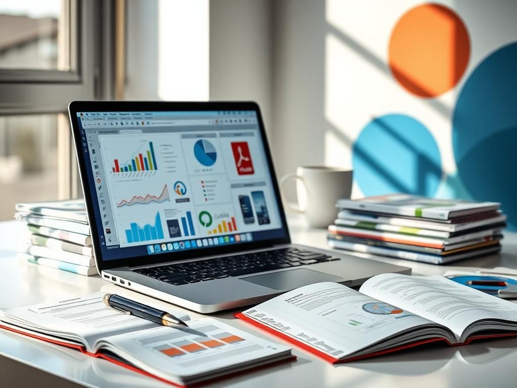 Flick International Modern workspace featuring Adobe Acrobat Classic and Microsoft Office Professional applications on a laptop