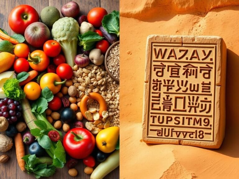 Flick International A colorful array of fresh foods representing health, alongside an ancient stone tablet depicting historical discovery.