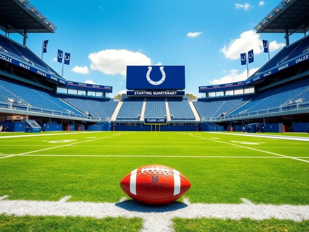 Flick International Football stadium with Indianapolis Colts colors during a sunny day, featuring a football on the 50-yard line.