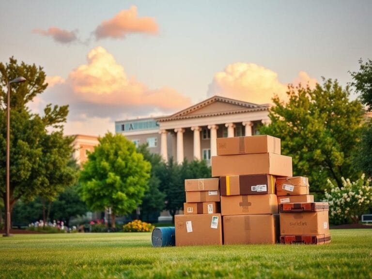 Flick International A serene college campus scene at dusk with moving boxes symbolizing a student's journey