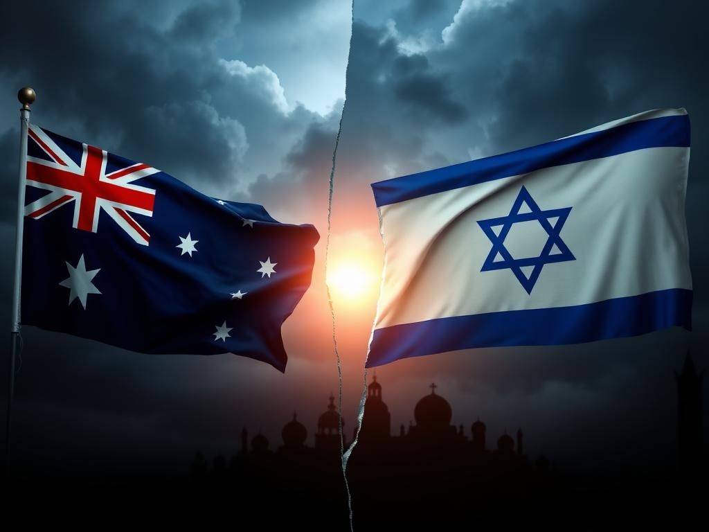 Flick International Dramatic split scene showcasing the Australian and Israeli flags amidst stormy clouds