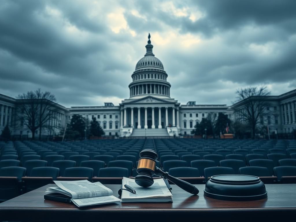 Flick International A dramatic view of the U.S. Capitol building under an overcast sky, symbolizing the tension in American politics and the recent confirmation of Jeanine Pirro as U.S. Attorney.