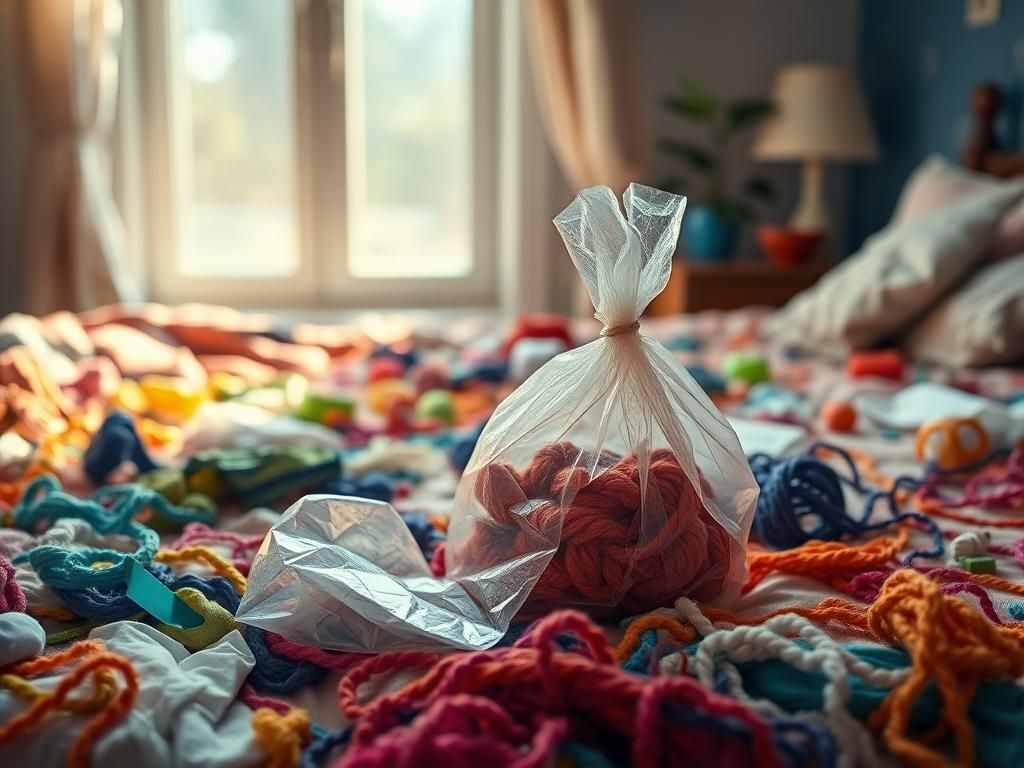 Flick International A colorful bedspread with fabric scraps and a crumpled plastic bag symbolizing climate anxiety