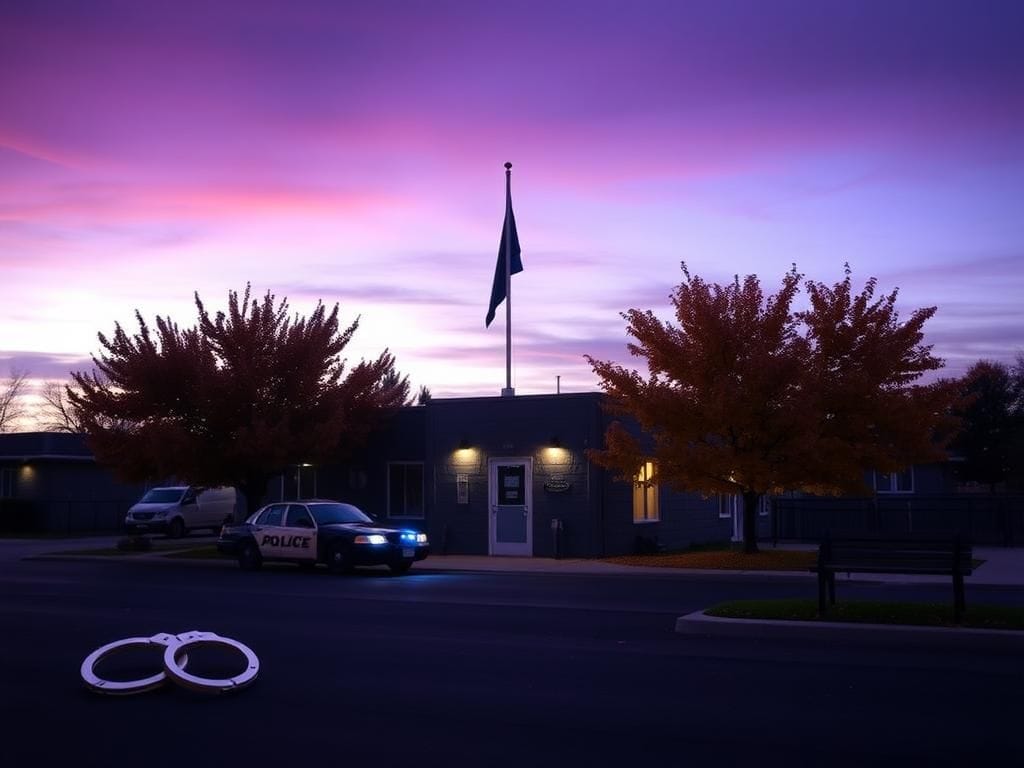 Flick International Serene scene outside Tremonton police station with flag at half-staff
