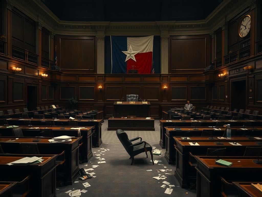 Flick International Dimly lit Texas House chamber with empty seats and a prominent state flag
